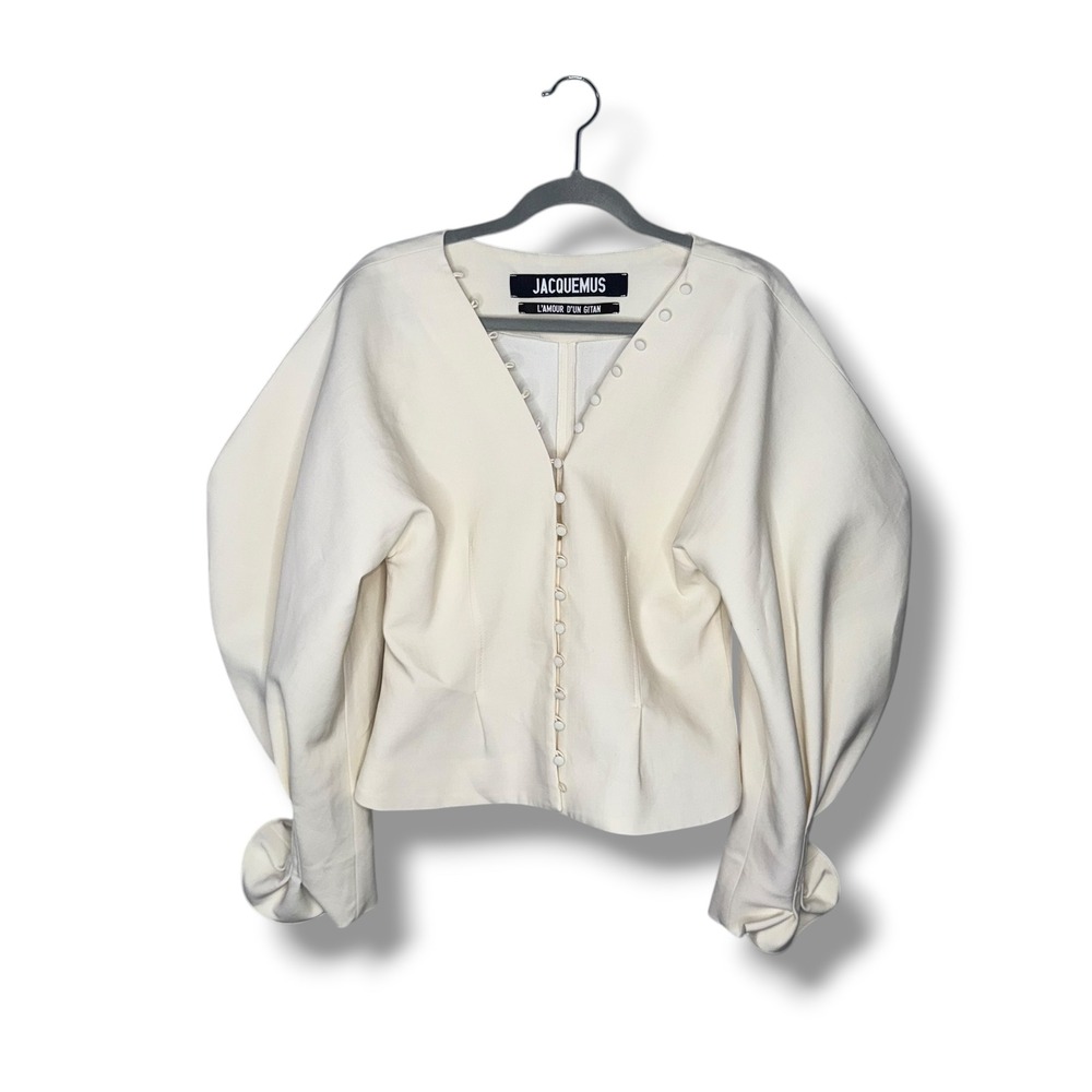 Jacquemus LAmour‎ Dun Gitan White Puff Sleeve Button Front V Neck Top